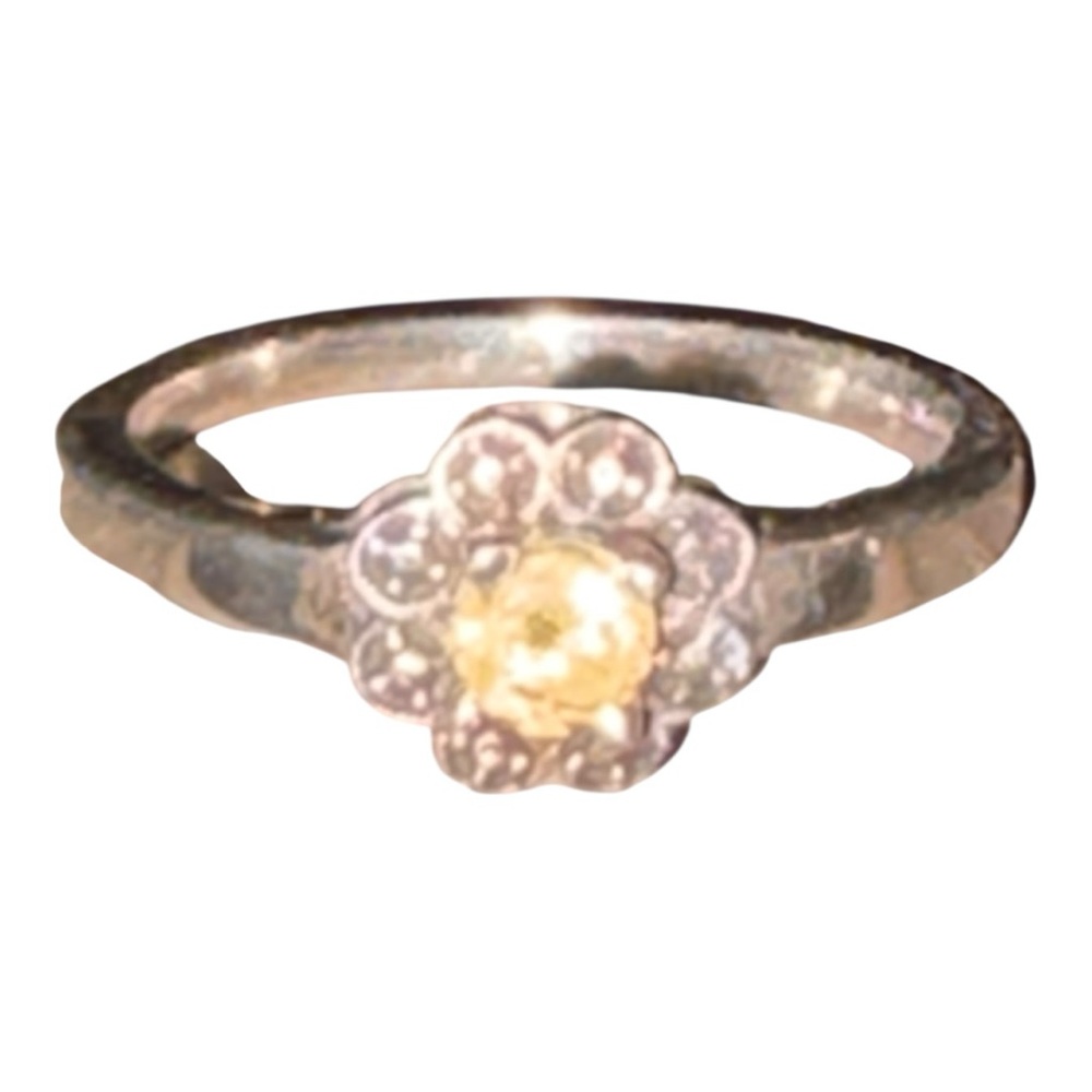 Vintage 925 Sterling Silver Yellow Stone Floral Halo Ring Size 7 J42